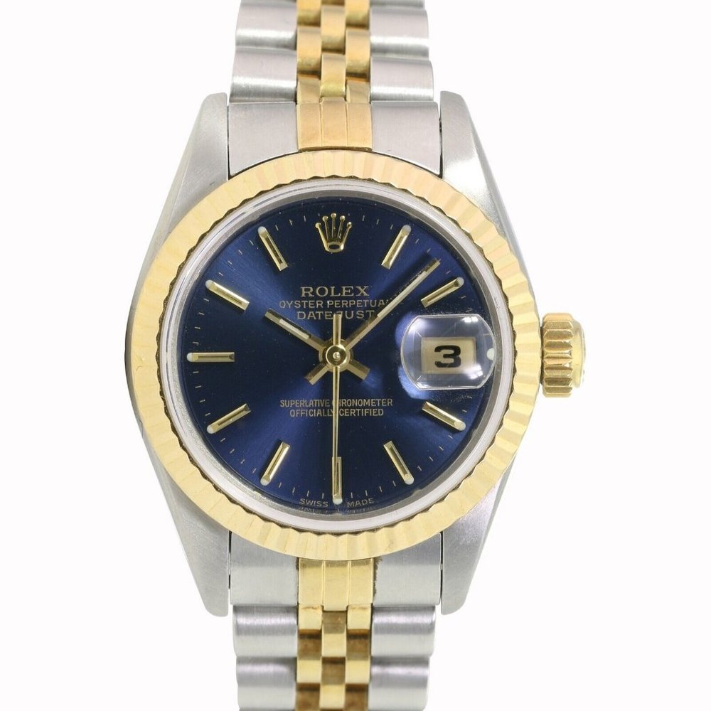 ROLEX DATEJUST BLUE INDEX DIAL 18K GOLD FLUTED JUBILEE TWO-TONE WATCH 26MM 69173